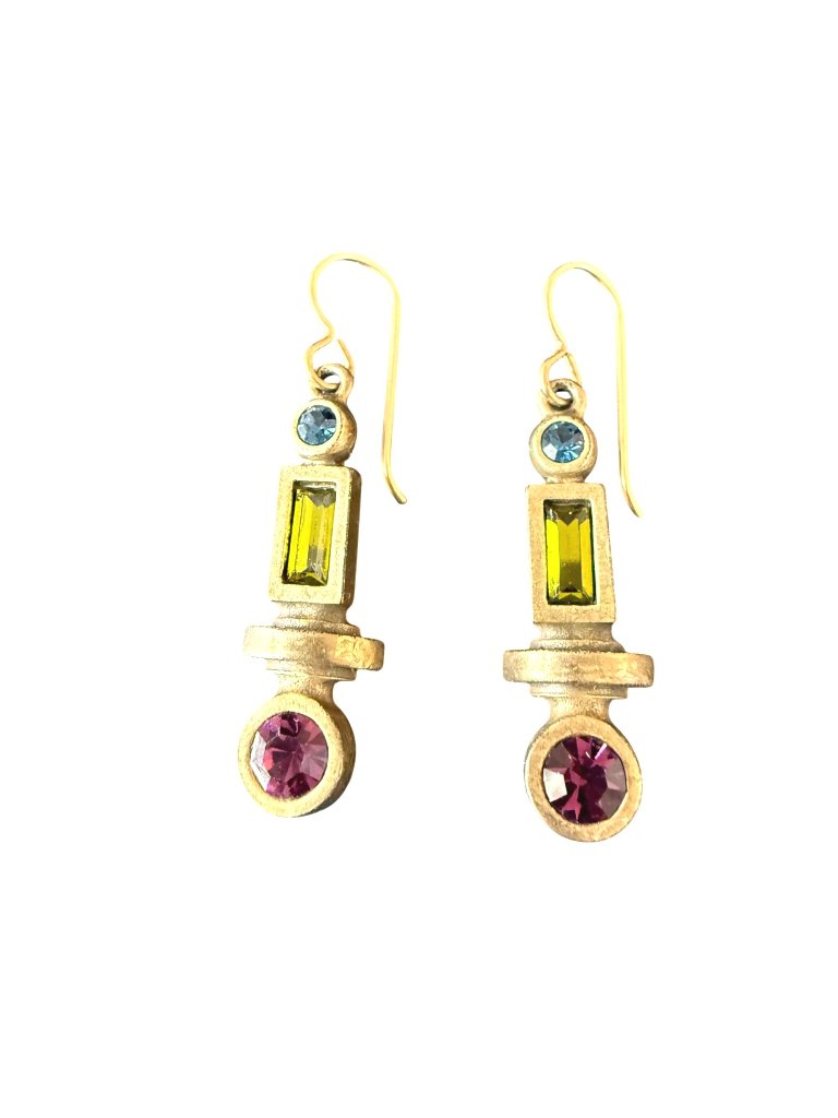 Vintage Patricia Locke Earrings Designer Colorful Crystals Signed Gold Tone